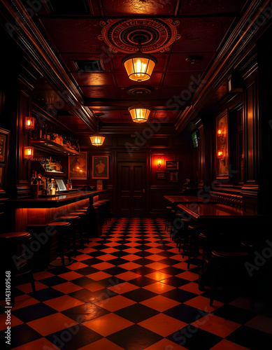 A dimly lit bar with a checkered floor, creating a cozy and nostalgic atmosphere, A 1920s Chicago speakeasy during prohibition, grunge, with white tones