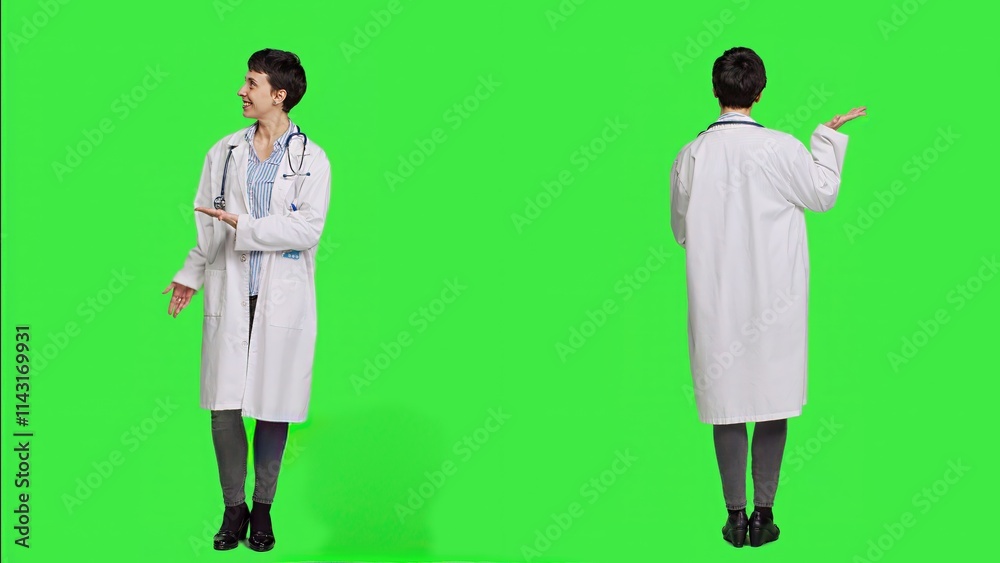 Physician pointing to the left or right to create web commercial standing against greenscreen backdrop, doing a marketing advertisement in studio. Woman medic in white coat shows an ad. Camera A. Physician pointing to the left or right to create web commercial standing against greenscreen backdrop, doing a marketing advertisement in studio. Woman medic in white coat shows an ad. Camera A.