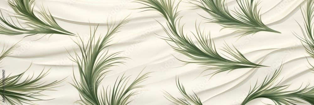 Elegant Green Foliage Artfully Arranged Against a Smooth, Flowing Cream-Colored Backdrop with Soft Shadows Cast by Gentle Lighting Elegant Green Foliage Artfully Arranged Against a Smooth, Flowing Cream-Colored Backdrop with Soft Shadows Cast by Gentle Lighting