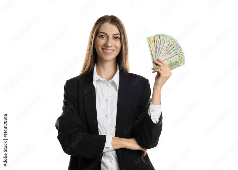 Portrait of banker with dollar banknotes on white background Portrait of banker with dollar banknotes on white background