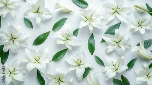 Delicate white lilies with green leaves on a soft white background.