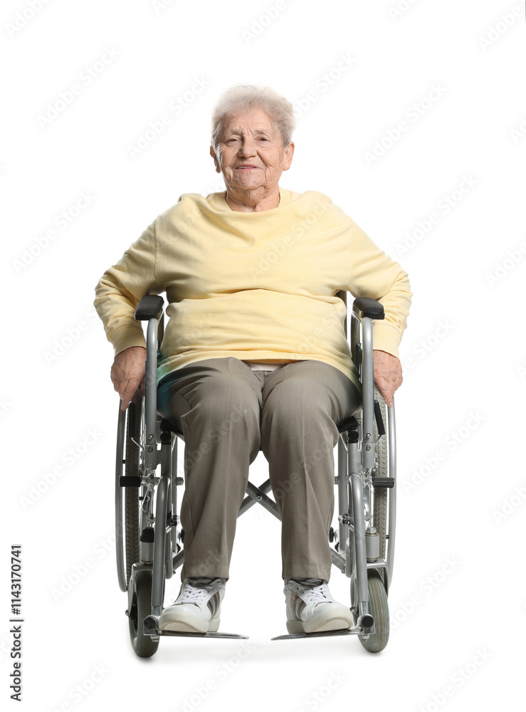 Elderly woman in wheelchair on white background Elderly woman in wheelchair on white background