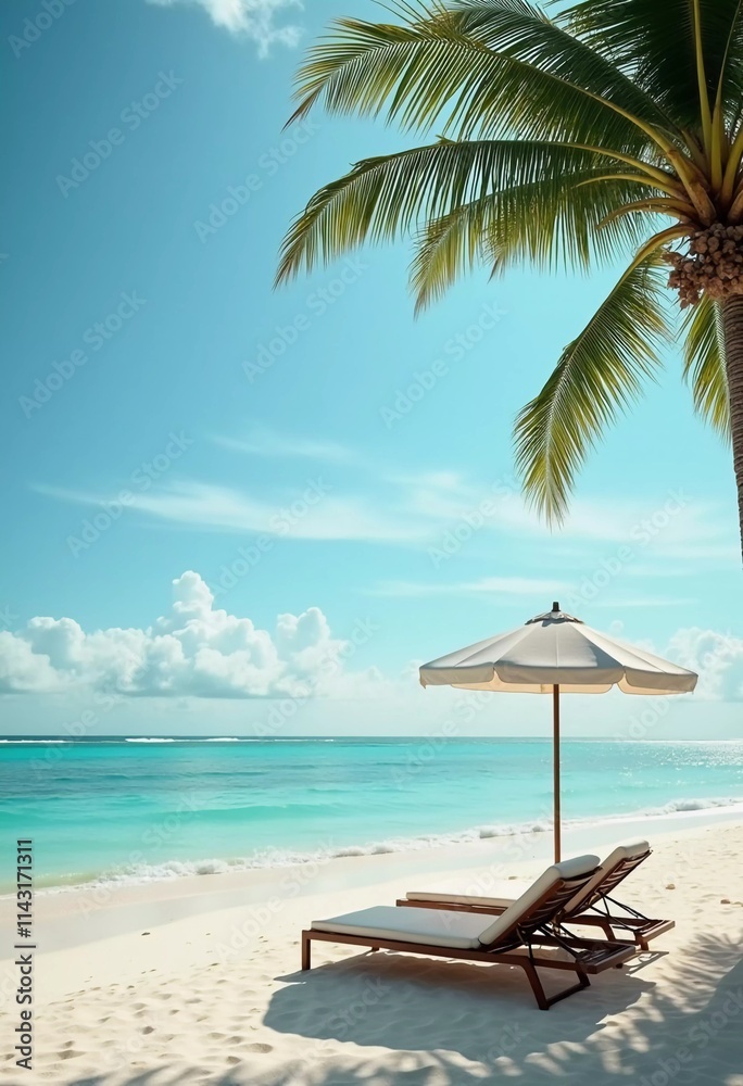 Two wooden lounge chairs sit beneath a straw umbrella on a sandy beach. The tranquil sea reflects a bright blue sky, while palm trees sway gently in the breeze. Ideal for relaxation. Generative AI Two wooden lounge chairs sit beneath a straw umbrella on a sandy beach. The tranquil sea reflects a bright blue sky, while palm trees sway gently in the breeze. Ideal for relaxation. Generative AI