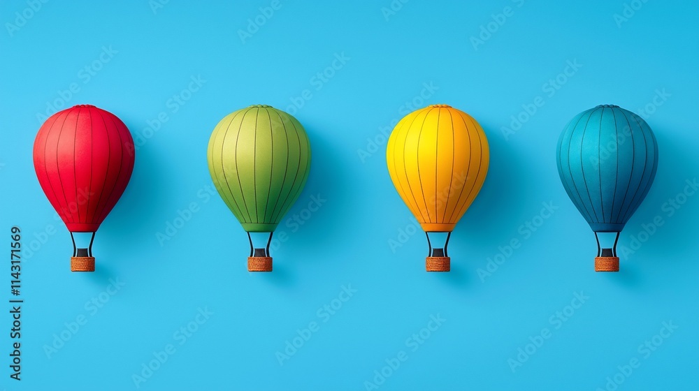 Naklejka premium Four colorful hot air balloons arranged in a row on a blue background.