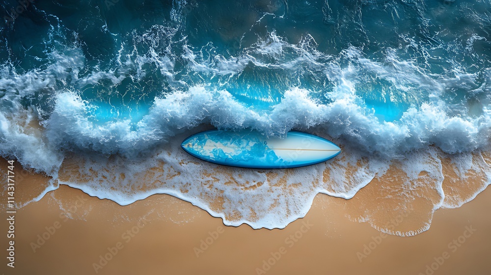 Fototapeta premium Surfboard on sandy beach with ocean waves.
