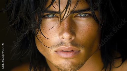 A young man with long, flowing dark hair and intense green eyes looks directly at the viewer. His expression is contemplative and magnetic, with finely defined facial features and a hint of stubble