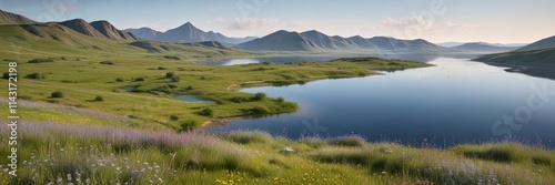 Rolling hills with wildflowers and a serene lake in the distance, countryside, nature