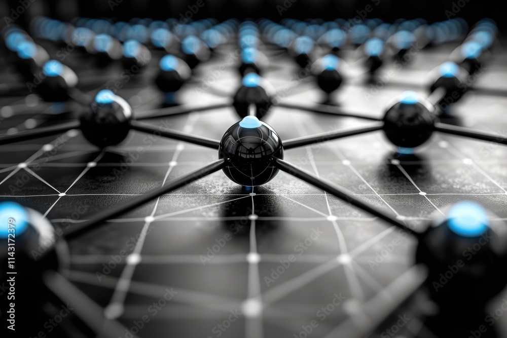 Intricate network of black and blue spheres interconnected on a sleek black surface forming a dynamic representation of advanced technology systems