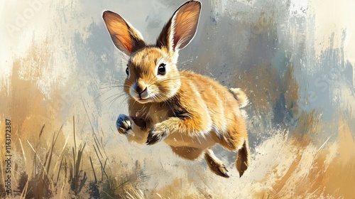Illustrative Portrait of a Lively Brown Rabbit Mid-Stride in a Natural Habitat, Showcasing Its Furry Details and Large Ears in a Dynamic Movement, Blending into the Soft Earthy Tones of the Background