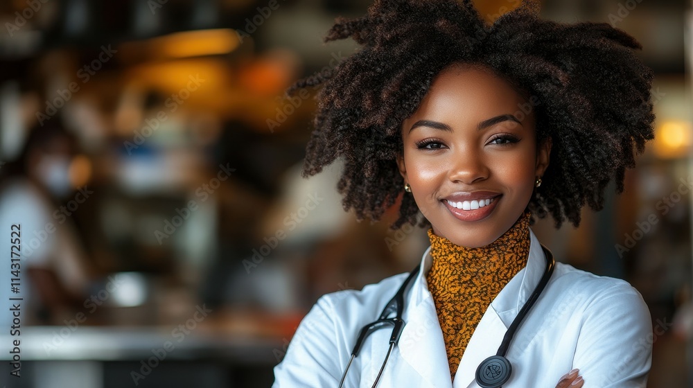 A smiling medical professional stands with crossed arms, exuding confidence and approachability. The busy clinic background hints at a vibrant healthcare environment during daytime A smiling medical professional stands with crossed arms, exuding confidence and approachability. The busy clinic background hints at a vibrant healthcare environment during daytime