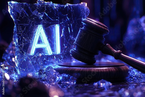 Neon AI concept with judge gavel highlighting technology and legal system themes futuristic digital style with glowing blue tones symbolize legal regulation of the creation and application of AI photo