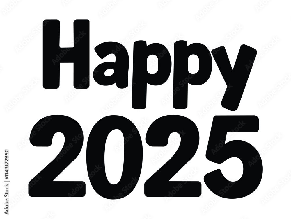 Happy 2025 text in bold black font on a pristine white background