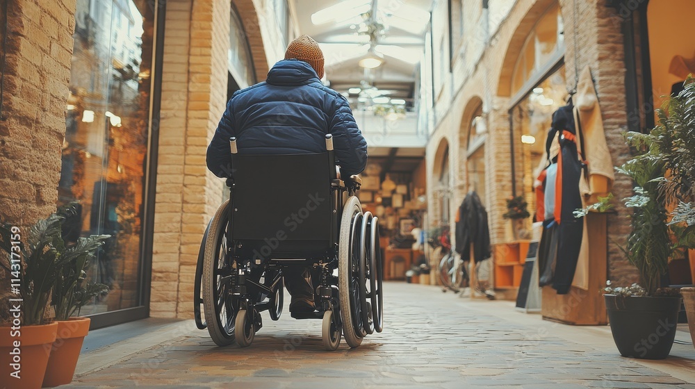 Obraz premium A person in a wheelchair moves slowly through a charming shopping arcade adorned with plants and unique shops. The setting is illuminated by soft, inviting light