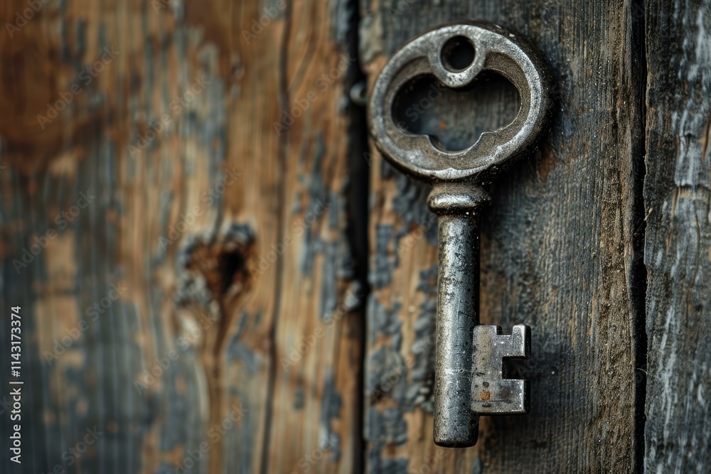 Rusty antique key is hanging on a weathered wooden door, suggesting mystery and secrets Rusty antique key is hanging on a weathered wooden door, suggesting mystery and secrets