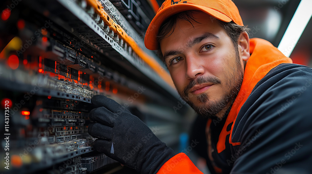 A focused technician meticulously working on complex electrical components. A focused technician meticulously working on complex electrical components.