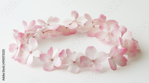 A ring of blooming cherry blossom petals, soft pink and white gradients, each petal gently floating outward, arranged in a perfect circle, subtle wind effects, sharp details, soft textures, clean whit