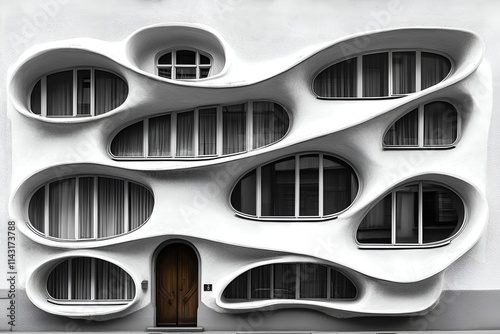 Organic facade with flowing shapes and asymmetrical windows