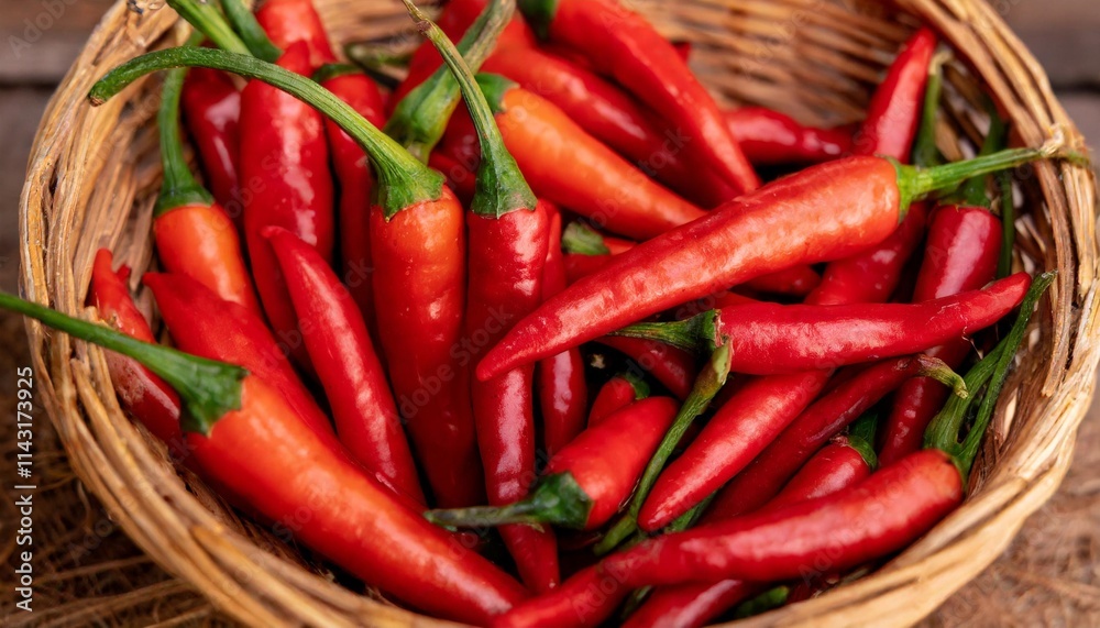 Freshly Picked Red Chili Peppers Arranged in a Basket with Vibrant Colors Freshly Picked Red Chili Peppers Arranged in a Basket with Vibrant Colors