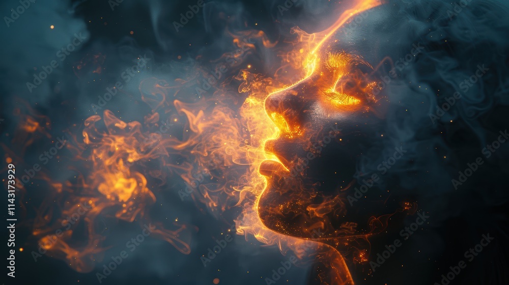 Fototapeta premium Mesmerizing Artistic Representation of a Human Face Immersed in Ethereal Fiery Flames Contrasting with Surrounding Futuristic Smoke and Light