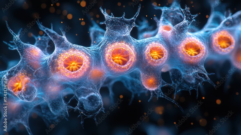 Microscopic Close-Up of Bioluminescent Organisms with Intricate Blue and Orange Cellular Structures, Highlighting Natural Beauty and Complexity Microscopic Close-Up of Bioluminescent Organisms with Intricate Blue and Orange Cellular Structures, Highlighting Natural Beauty and Complexity