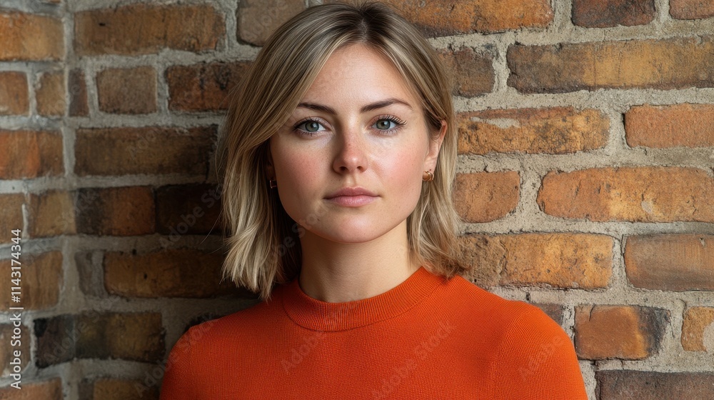 A woman with shoulder-length blonde hair stands in front of a rustic brick wall, dressed in a bright orange sweater. Natural light illuminates her face, highlighting her calm demeanor A woman with shoulder-length blonde hair stands in front of a rustic brick wall, dressed in a bright orange sweater. Natural light illuminates her face, highlighting her calm demeanor