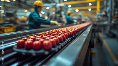 Wallpaper Mural Factory workers operate automated production line, processing red spheres. Torontodigital.ca