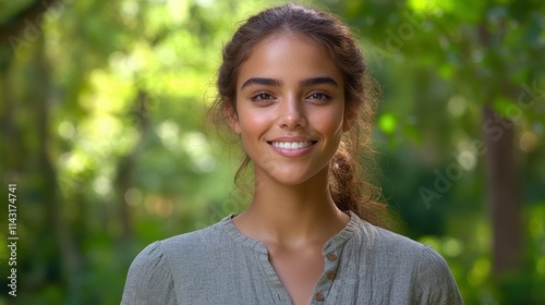 A young woman stands confidently in a vibrant forest, showcasing her bright smile and relaxed demeanor. Sunlight filters through the leaves, creating a peaceful atmosphere