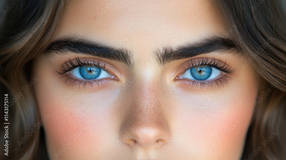 Fototapeta premium Close-up view highlights the mesmerizing blue eyes and bold eyebrows of a woman, capturing her natural beauty and engaging expression in soft lighting