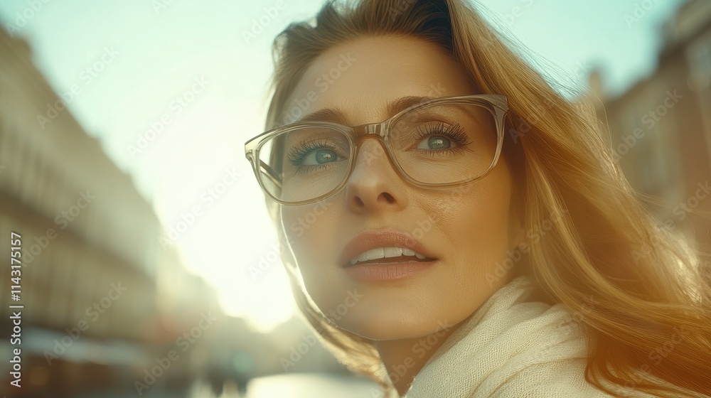 A young woman stands outdoors on a sunny day, wearing fashionable glasses. She gazes upward, with sunlight illuminating her face, revealing a sense of wonder and joy A young woman stands outdoors on a sunny day, wearing fashionable glasses. She gazes upward, with sunlight illuminating her face, revealing a sense of wonder and joy