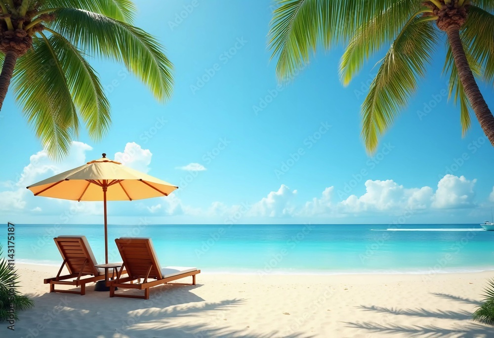 Obraz premium Two wooden lounge chairs sit beneath a straw umbrella on a sandy beach. The tranquil sea reflects a bright blue sky, while palm trees sway gently in the breeze. Ideal for relaxation. Generative AI