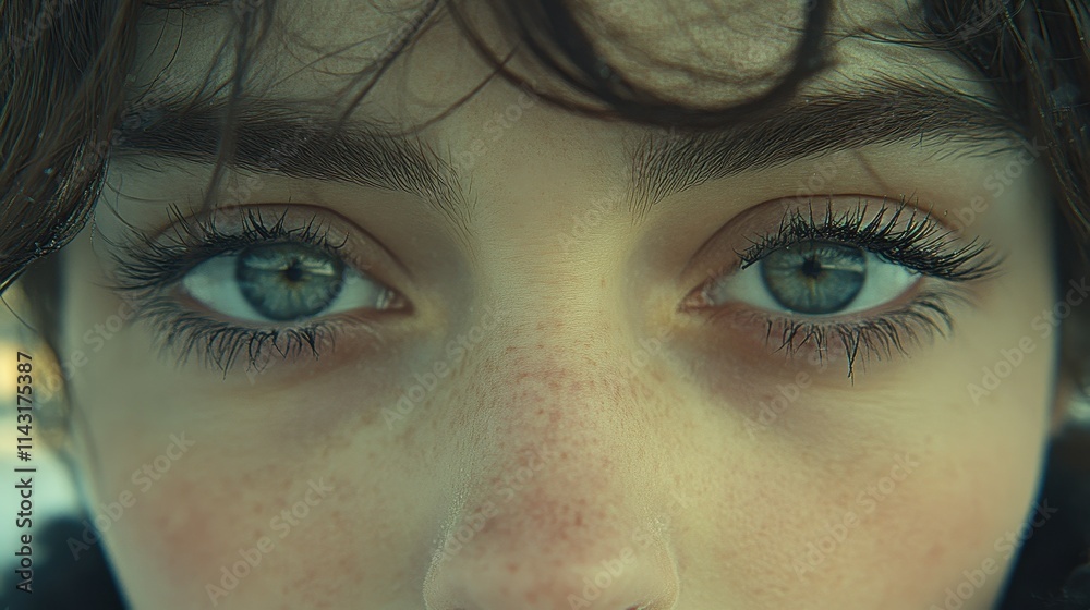 Fototapeta premium A young individual gazes directly at the viewer, showcasing vibrant blue eyes with distinct features. The soft focus highlights the natural beauty and tranquility of the setting