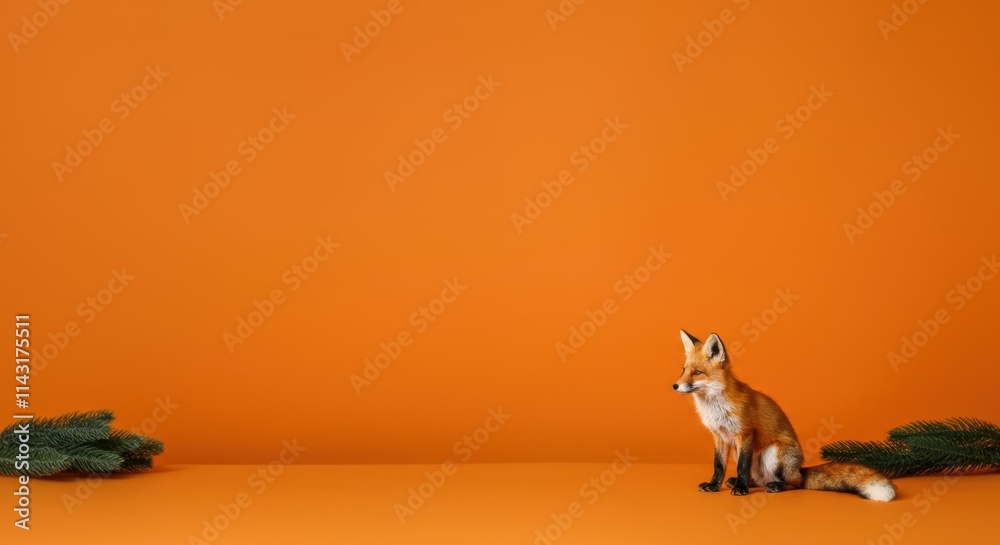 Obraz premium Red fox sits on orange background with pine branches