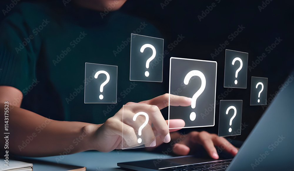Question Mark and Problem Solving Concept. A person using a laptop with floating question marks, symbolizing brainstorming, problem-solving, and finding answers to business FAQs. creativity and ideas, Question Mark and Problem Solving Concept. A person using a laptop with floating question marks, symbolizing brainstorming, problem-solving, and finding answers to business FAQs. creativity and ideas,