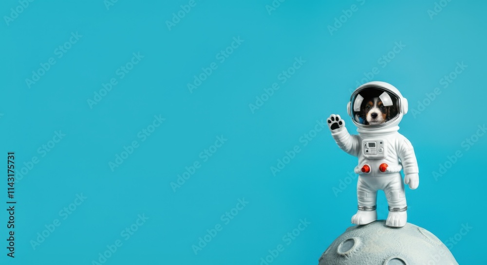 Dog in astronaut suit standing on moon with blue background Dog in astronaut suit standing on moon with blue background