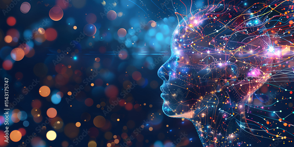 Neural Connections in Digital Head, Futuristic AI Concept with Abstract Lights Neural Connections in Digital Head, Futuristic AI Concept with Abstract Lights