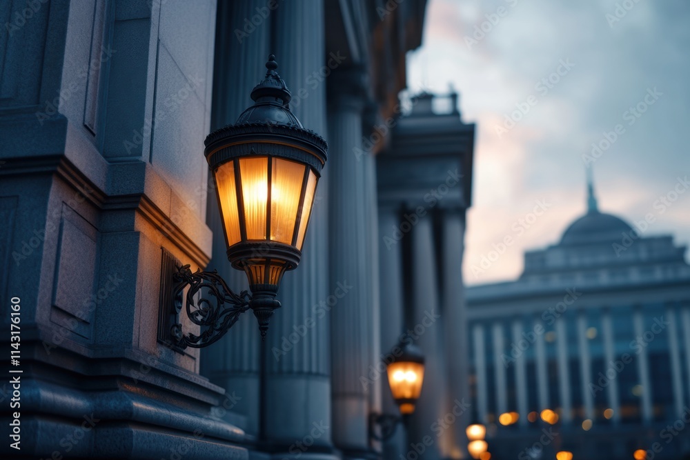theater and street lamps, neoclassical theater glows under soft street lamps against a serene evening backdrop, offering space for text