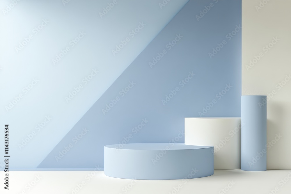 Geometric Design Featuring Cubes and a Cylinder on a Sky Blue Background