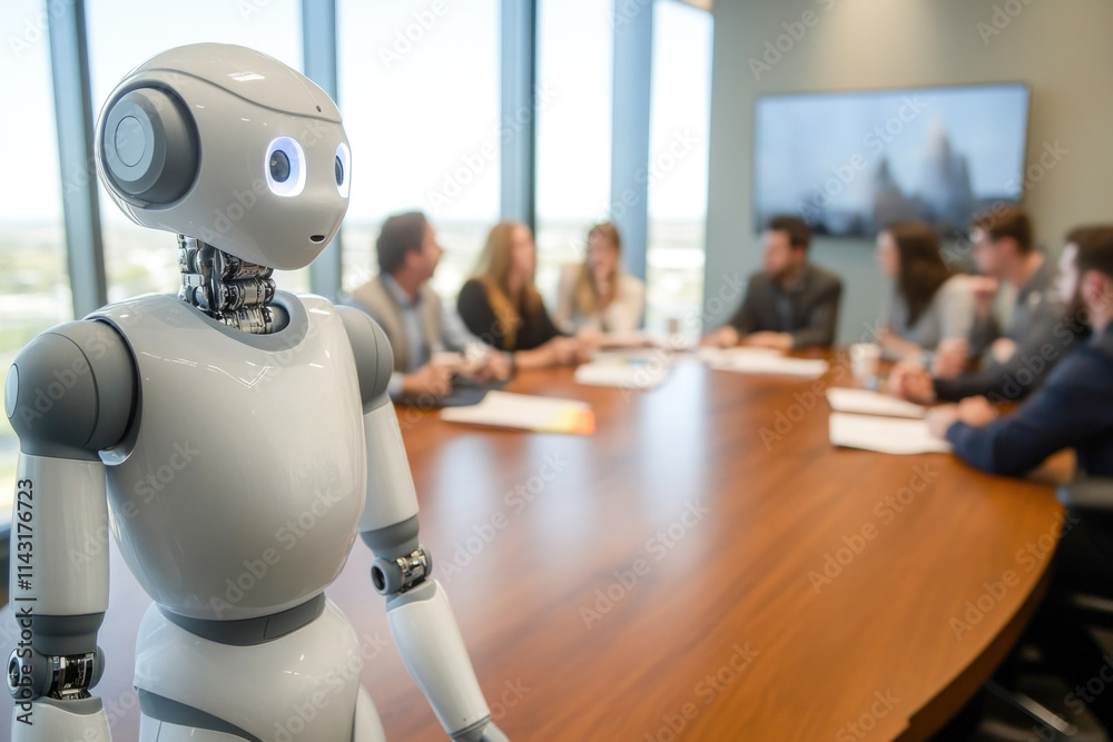 Robot in modern office meeting with diverse team in conference room Robot in modern office meeting with diverse team in conference room