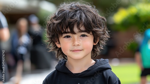 A young child with curly hair poses for a picture outdoors, surrounded by greenery and people in the background enjoying a lively event in the park