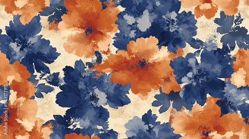 Seamless watercolor floral pattern with orange and blue flowers on beige background.