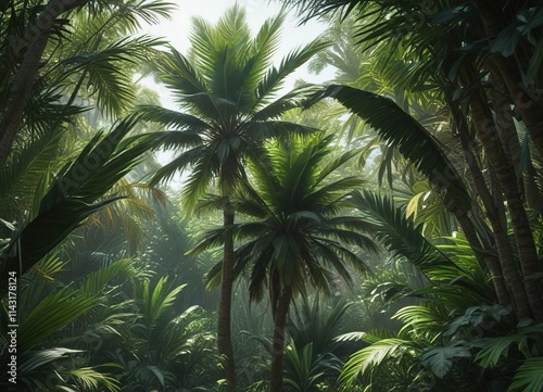 Overlapping palm fronds creating a natural canopy in a dense jungle setting , leaf arrangements, tropical plants photo