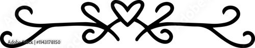 Horizontal black and white divider with heart and calligraphic swirls creating a vintage decorative element for wedding invitations or romantic designs