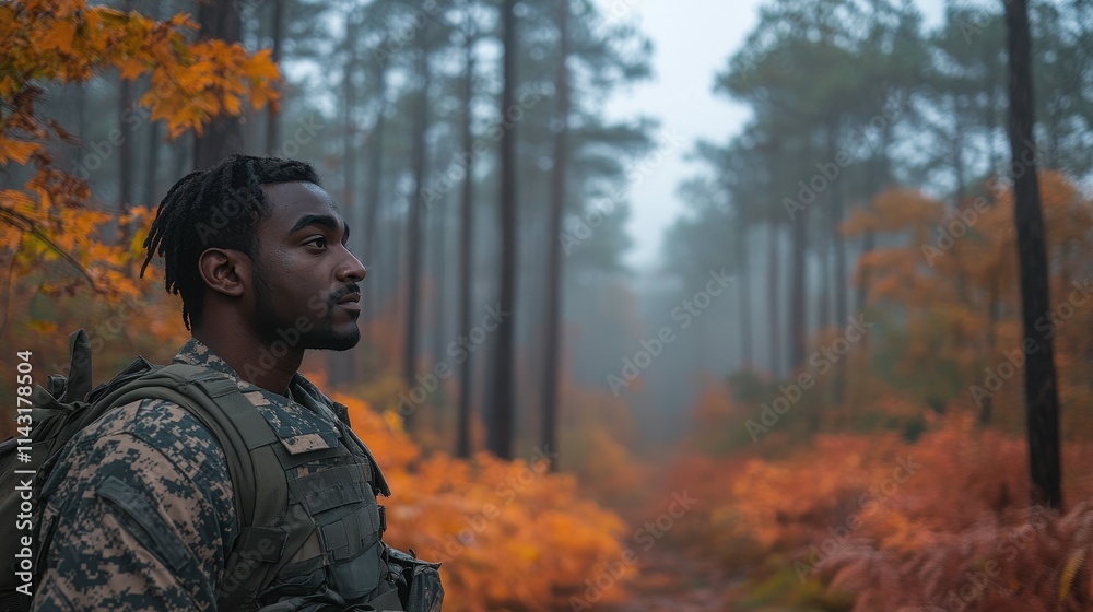 A soldier pauses in a foggy forest, contemplating as he takes in the vibrant autumn colors. The surrounding trees are tall and dense, creating a serene atmosphere A soldier pauses in a foggy forest, contemplating as he takes in the vibrant autumn colors. The surrounding trees are tall and dense, creating a serene atmosphere