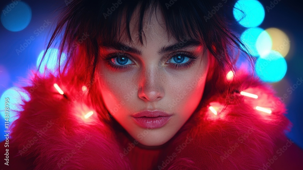 A young woman with striking blue eyes poses amidst colorful lights A young woman with striking blue eyes poses amidst colorful lights