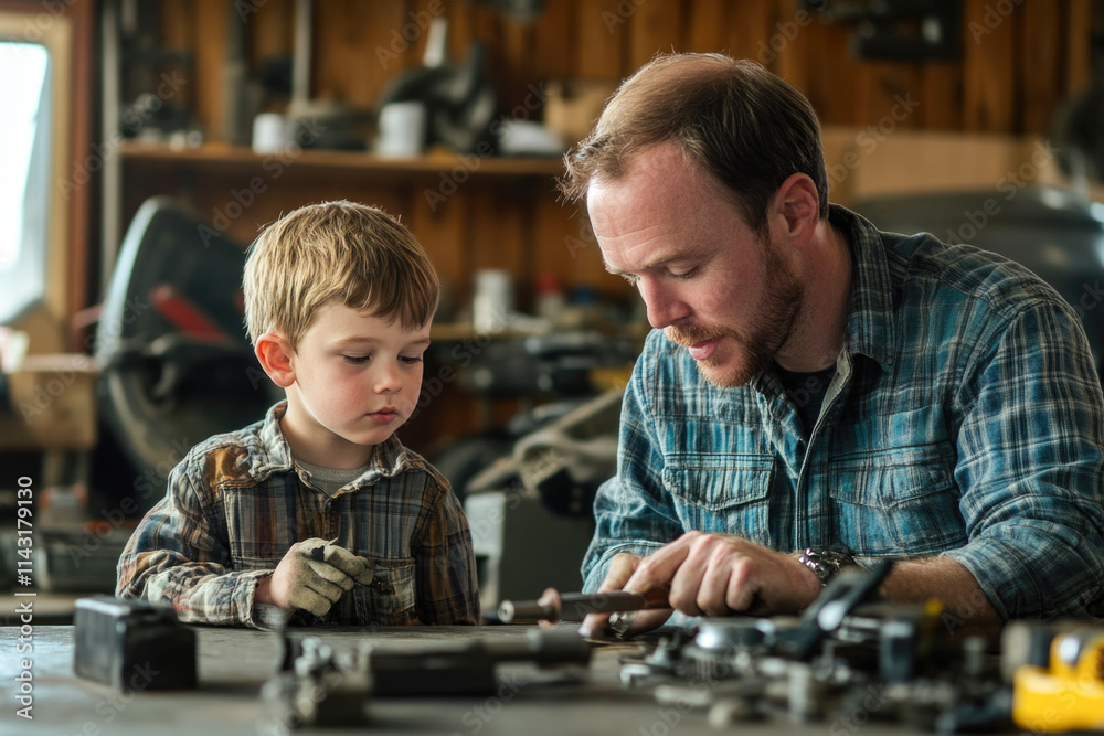 Caucasian father teaching child tool skills in workshop setting Caucasian father teaching child tool skills in workshop setting