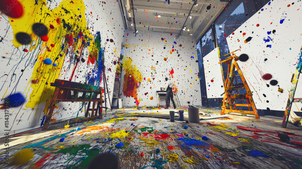 Fototapeta premium An abstract art studio filled with colorful paint splatters, canvases, and brushes, with an artist in action creating a bold masterpiece, vibrant and creative.