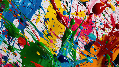 An abstract art studio filled with colorful paint splatters, canvases, and brushes, with an artist in action creating a bold masterpiece, vibrant and creative.