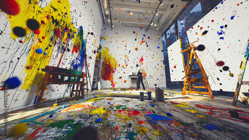 An abstract art studio filled with colorful paint splatters, canvases, and brushes, with an artist in action creating a bold masterpiece, vibrant and creative.