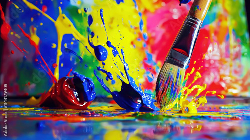 An abstract art studio filled with colorful paint splatters, canvases, and brushes, with an artist in action creating a bold masterpiece, vibrant and creative.