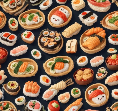 Cute cartoon sushi, ramen, tempura seamless repeat, noodles, food, wrapping paper photo